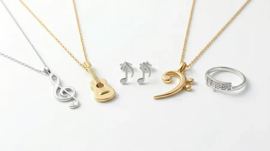Símbolos musicales en joyería: clave de sol, guitarra, notas